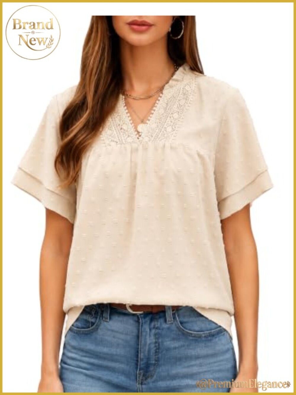 Boho Peasant Blouse Crochet Swiss Dot Ruffle Sleeve V-Neck Top